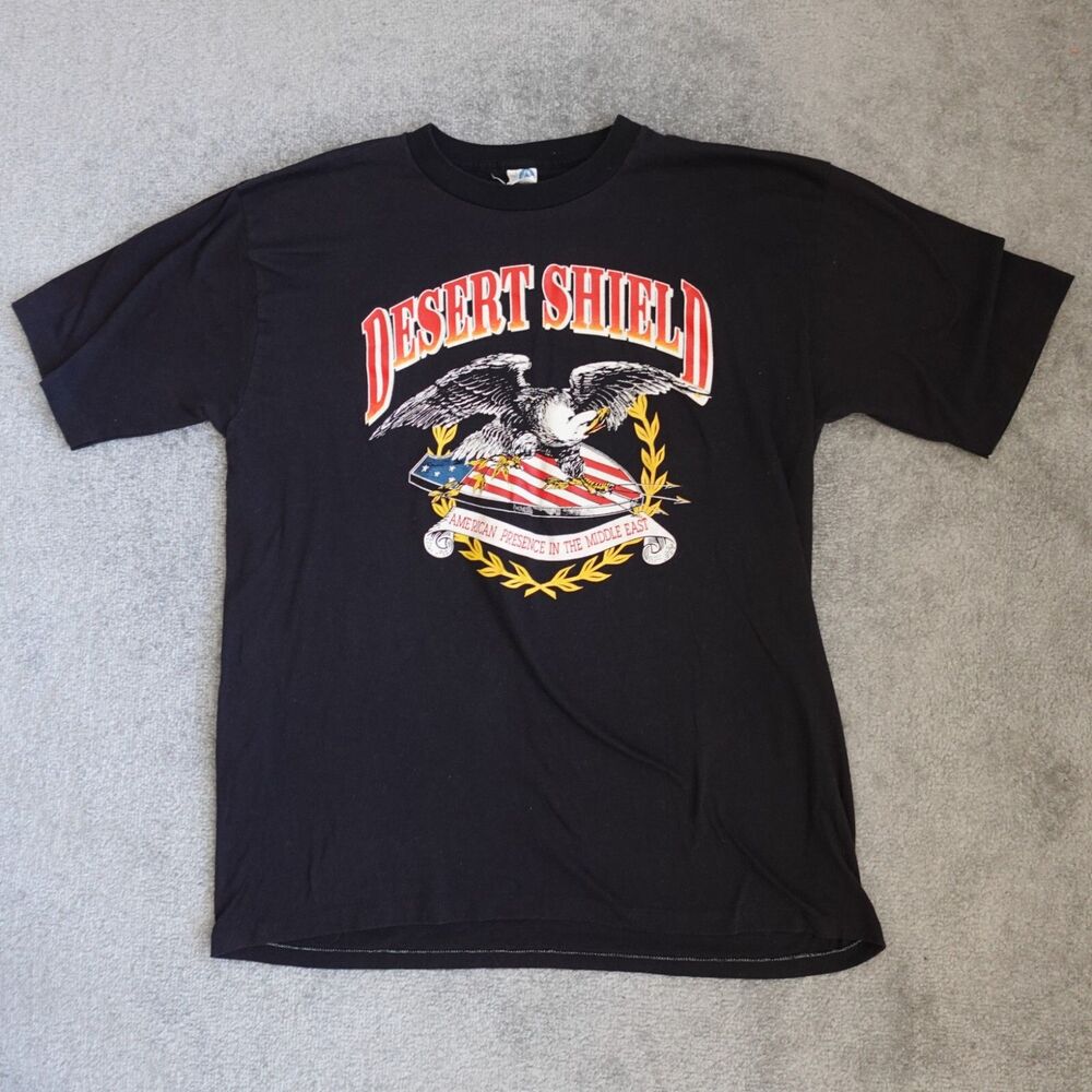 Vintage Desert Shield Shirt Mens XL Black Graphic Tee Single Stitch Made USA 90s